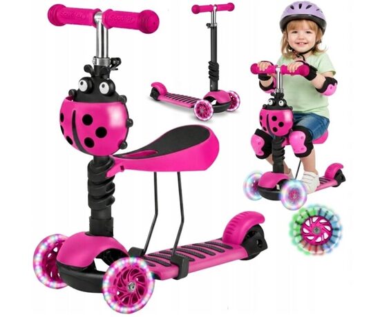 Paspirtukas 3 in 1 su LED ratukais, rožinis